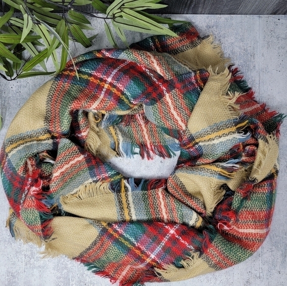 Red Tan Green Blue Yellow Plaid Blanket Scarf with Fringe - Picture 1 of 3